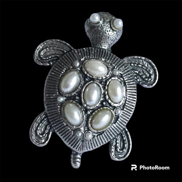 Vintage Turtle Cocktail Ring Silver Tone Adjustable Size 7 8 9 Sea Life Pearl - Picture 2 of 11